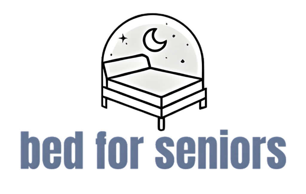 Logo features an outline of a bed within a circular frame that includes a crescent moon and stars. Below the image, the text reads "bed for seniors" in blue lowercase letters, designed with an imported kit to ensure high quality and precision. | Bed For Seniors