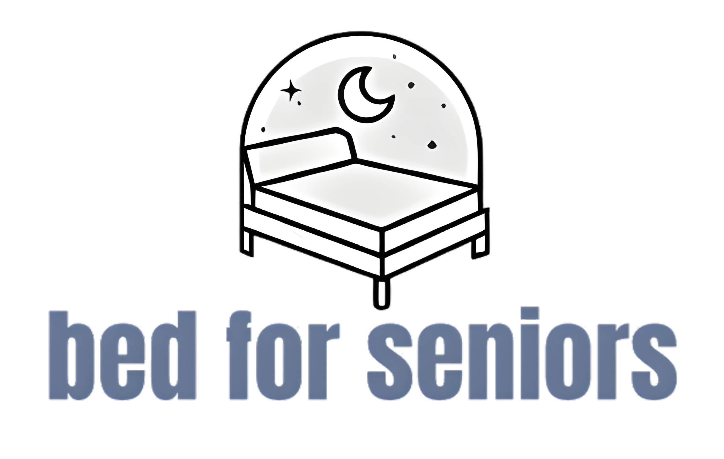 Logo features an outline of a bed within a circular frame that includes a crescent moon and stars. Below the image, the text reads "bed for seniors" in blue lowercase letters, designed with an imported kit to ensure high quality and precision. | Bed For Seniors