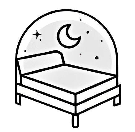 A black and white illustration of a bed with a crescent moon and stars in the background. The headboard is arched, suggesting a night-time setting, while the footer complements the minimalist and simple overall style. | Bed For Seniors