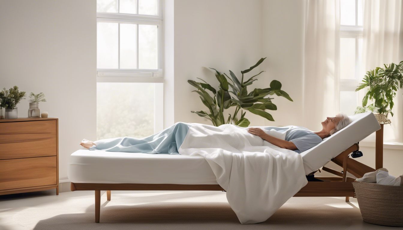 A middle-aged woman resting on a healthcare mattress in a hospital room.