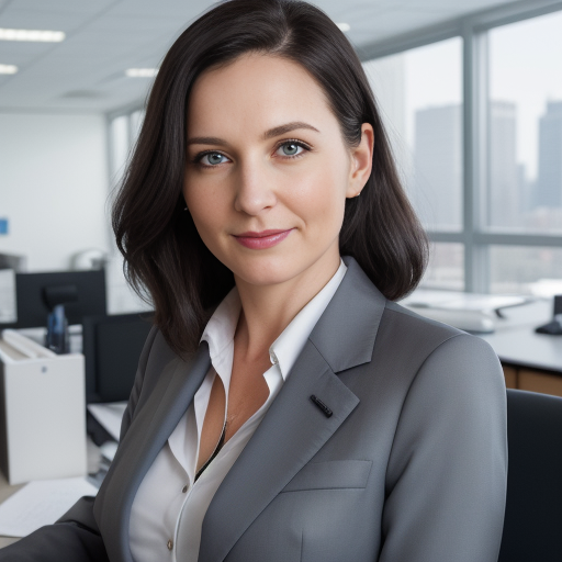 A professional woman with shoulder-length brown hair and a light complexion is standing in a modern office that feels almost like home. She is wearing a gray blazer over a white blouse and is smiling slightly. Large windows in the background reveal a cityscape outside. | Bed For Seniors