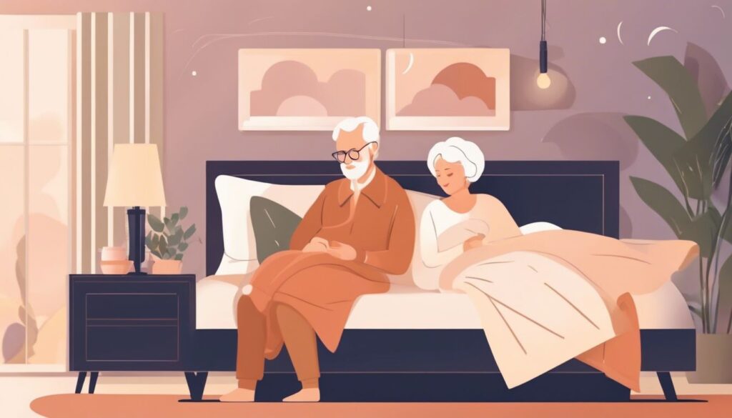 Illustration of an elderly couple sitting on a bed. The man is reading a book while the woman, wrapped in a blanket, looks content. The room is softly lit with warm tones, featuring wall art, a bedside table with a lamp, and a hanging light fixture. | Bed For Seniors