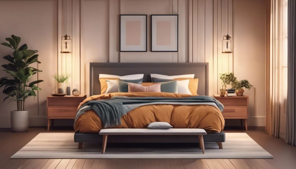 A stylish bedroom with a large bed featuring mustard yellow and teal bedding, flanked by wooden nightstands with small plants. Warm lighting illuminates the room, and there are two framed art pieces above the headboard. A bench is at the foot of the bed. | Bed For Seniors