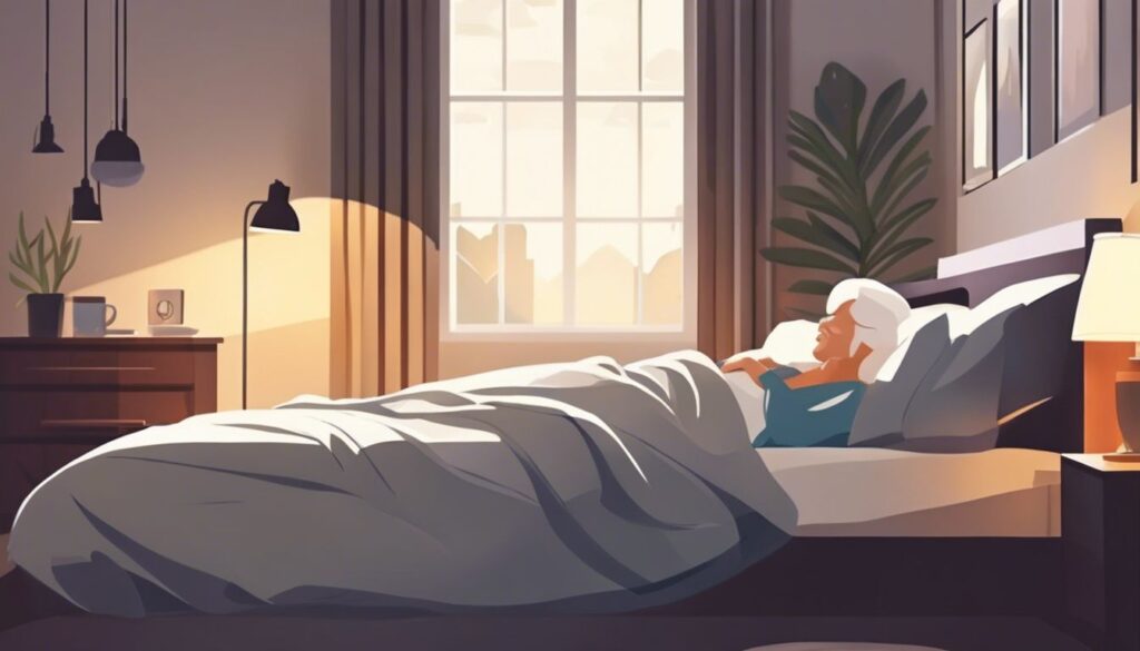 Illustration of a person sleeping peacefully in a bed with white linens, in a cozy bedroom. Soft sunlight filters through a large window, illuminating a dresser with a lamp, plant, and mug. The room has warm tones and modern decor elements. | Bed For Seniors