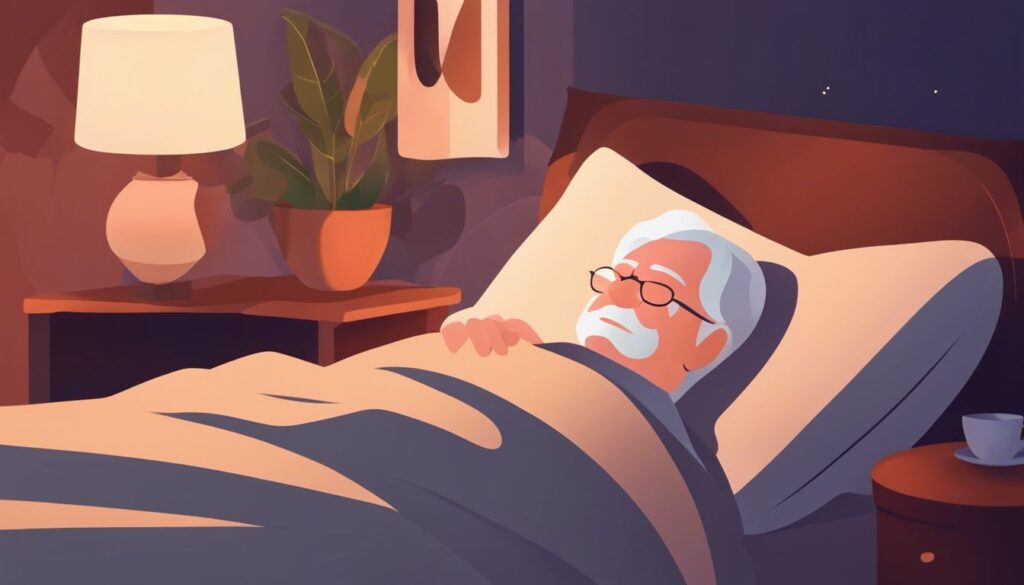 Illustration of an elderly man with white hair and glasses resting in bed. He is covered with a blanket in a cozy bedroom, featuring a bedside table with a lamp and a potted plant. The room is softly lit, creating a calm and peaceful atmosphere. | Bed For Seniors