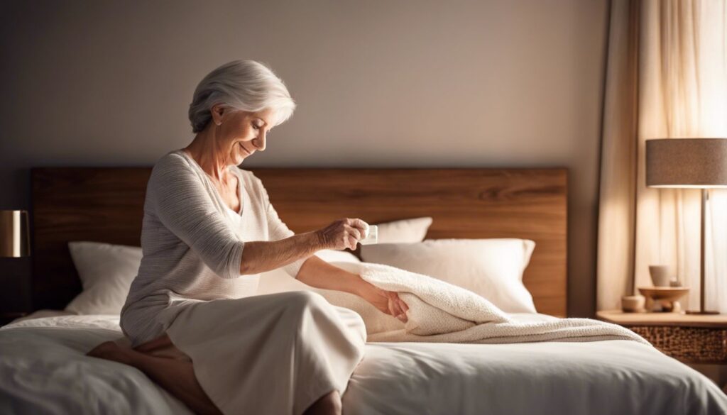 A smiling elderly woman with short white hair sits on a neatly made bed in a warmly lit bedroom. She is holding a small item in her hands, appearing content and peaceful. A wooden nightstand with a lamp and a window with light curtains are in the background. | Bed For Seniors