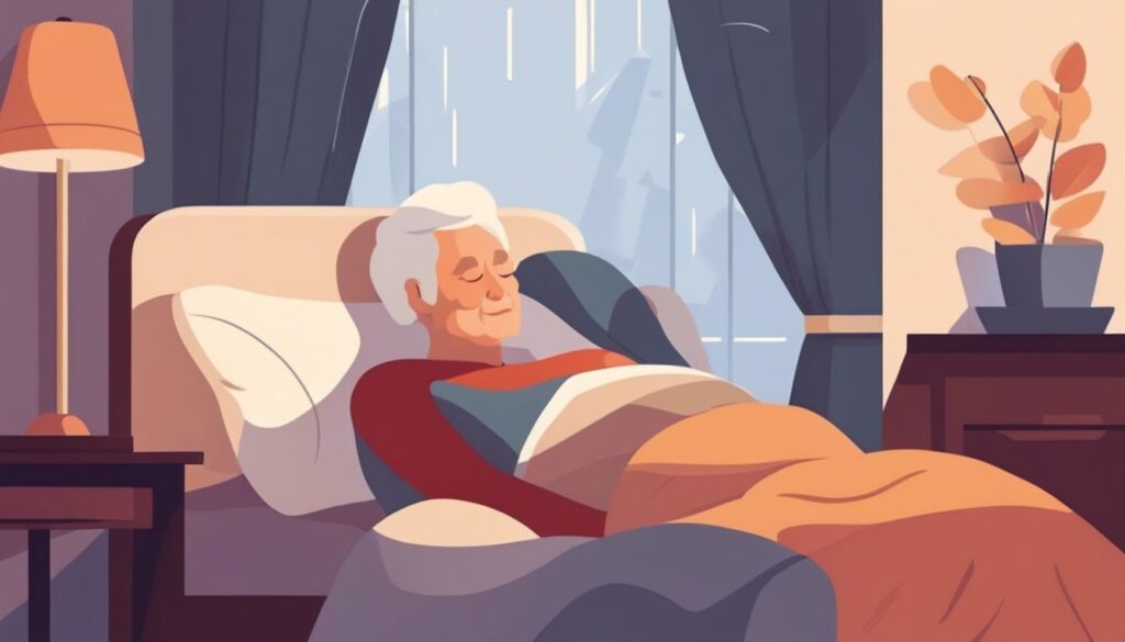 An elderly person with white hair rests peacefully in bed, partially covered by blankets. The room is warmly lit by a table lamp on a nearby nightstand, with a potted plant beside it and a window in the background showing a serene outdoor scene. | Bed For Seniors