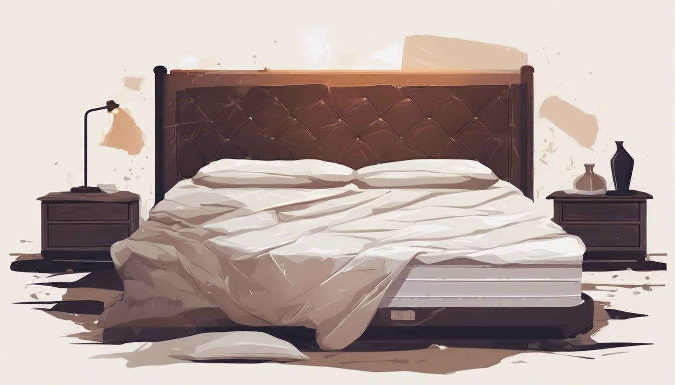 Illustration of an unmade bed with white sheets and pillows. The headboard is tufted and upholstered in dark fabric. Bedside tables with modern lamps are on either side, set against a neutral background with subtle wall decor. | Bed For Seniors