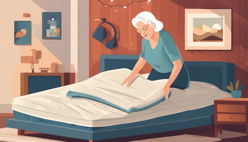 An elderly woman with white hair and glasses is making a bed in a cozy, well-decorated bedroom. The room features a wooden accent wall, hanging lights, framed art, and a plant on a bedside table. She is placing a sheet over the mattress, creating a neat and tidy bed. | Bed For Seniors