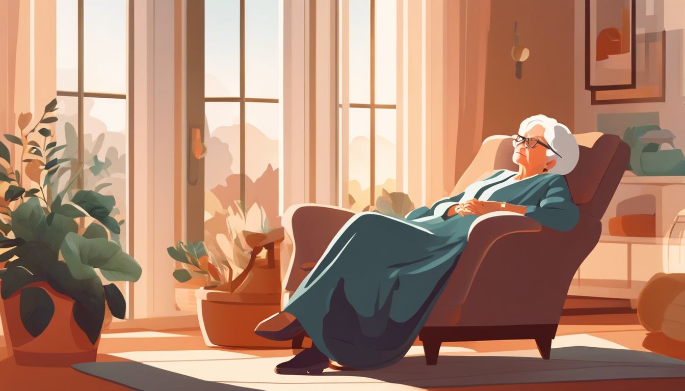 A woman with white hair and glasses relaxes in an armchair by a sunlit window. She is wearing a long teal dress and has a serene expression. The room is cozy, with potted plants and soft lighting from the large windows, creating a warm and peaceful ambiance. | Bed For Seniors