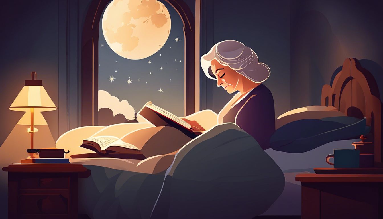 A person with white hair is sitting comfortably in bed, reading a book by the warm light of a bedside lamp. An open book lies nearby. A large window reveals a full moon and stars illuminating the night sky. The scene exudes tranquility and coziness. | Bed For Seniors