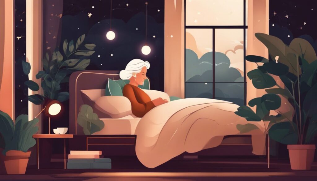 An elderly person with white hair comfortably resting in bed, reading a book. The bedroom is cozy with potted plants, warm lighting from hanging lamps, and a large window revealing a starry night sky. A side table holds a cup and a stack of books. | Bed For Seniors