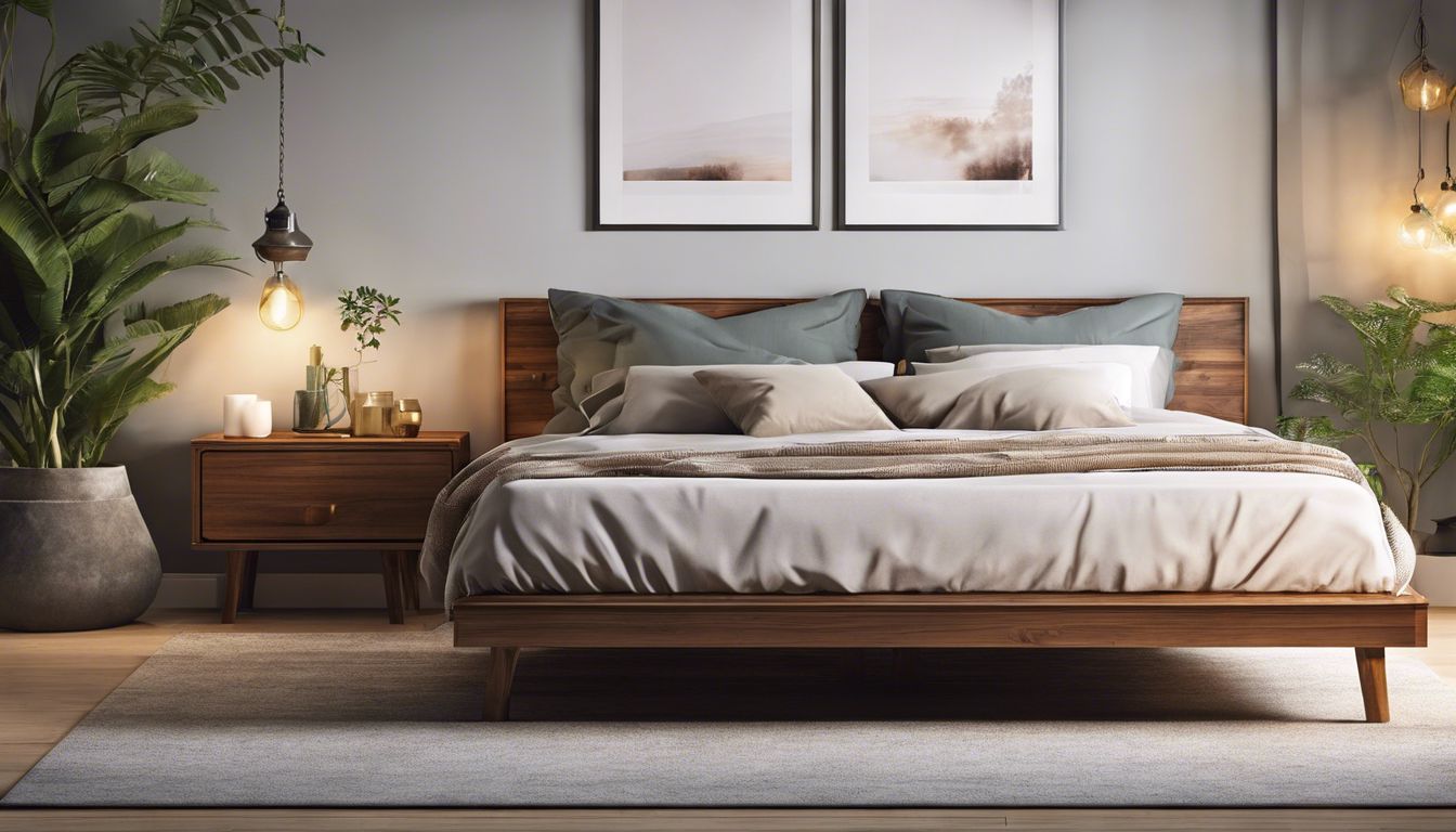 A modern bedroom featuring a wooden bed with white and gray bedding, flanked by a wooden nightstand on the left. Two framed abstract prints hang above the bed. Potted plants and soft lighting add warmth to the space. A beige rug covers the hardwood floor. | Bed For Seniors