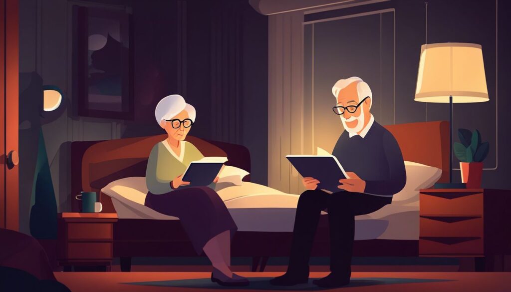 An elderly couple with white hair and glasses, dressed in cozy clothes, sit on a bed reading books. A warm lamp on the bedside table illuminates the room, creating a serene and intimate atmosphere. The room is softly lit, with minimalistic decor. | Bed For Seniors