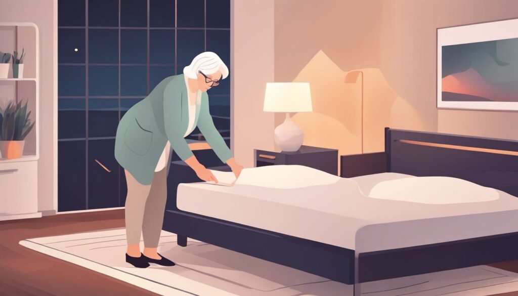 An elderly woman with white hair and glasses is making a bed in a cozy, modern bedroom. She is wearing a green jacket, grey pants, and black shoes. The room features a large window with night view, a lit lamp on a nightstand, and a landscape painting on the wall. | Bed For Seniors