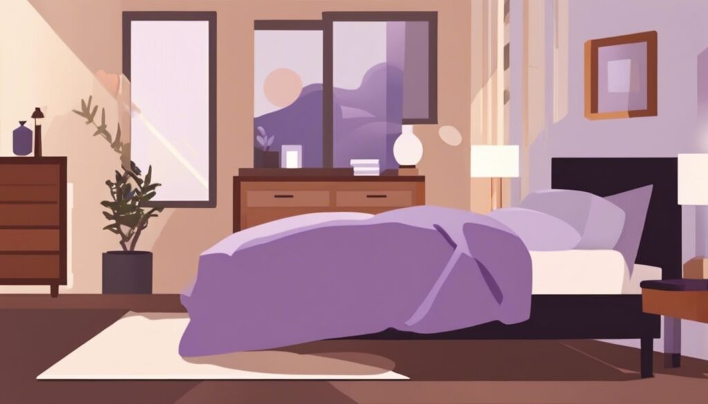 Illustration of a bedroom with a bed covered in a purple blanket, two nightstands with lamps, a plant in a pot, a dresser with a vase and books, and a window with mountain scenery visible. The room is decorated in modern, minimalist style with soft lighting. | Bed For Seniors