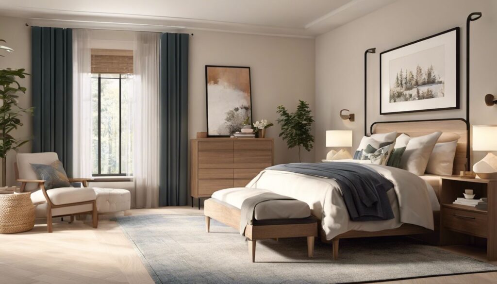 A modern bedroom with a neatly made double bed adorned with pillows and a throw blanket. A cushioned bench sits at the foot. There are wooden nightstands, a matching dresser, an armchair, plants, and large framed art on the beige walls. Tall curtains frame a large window. | Bed For Seniors