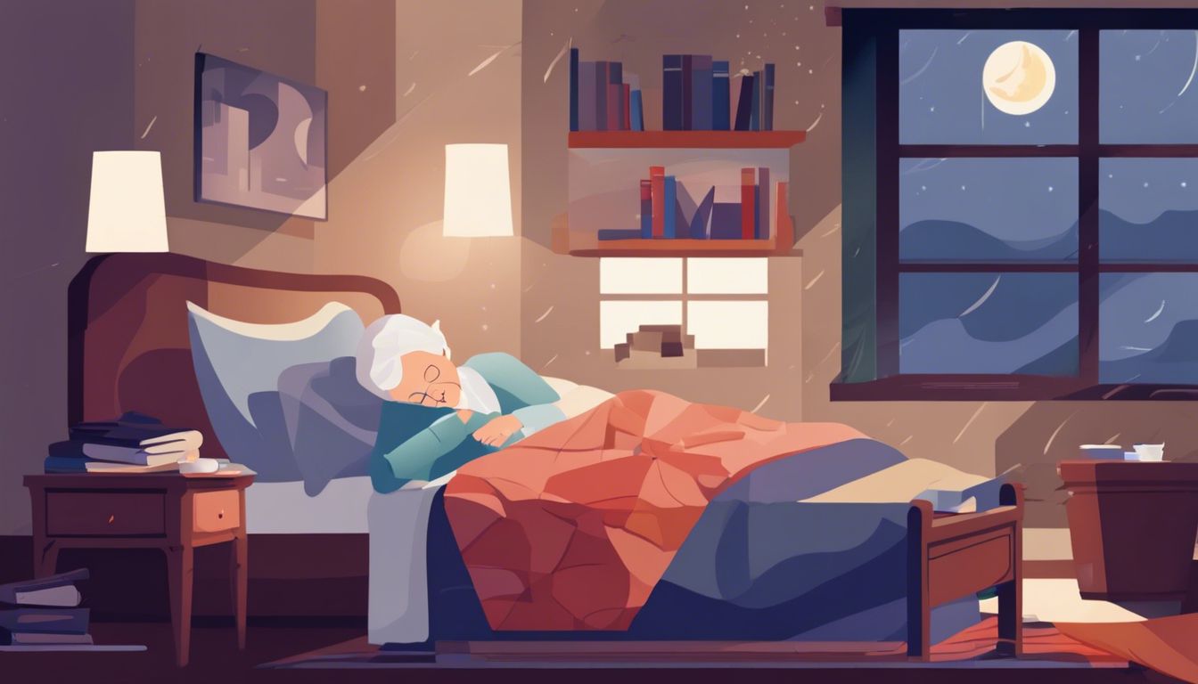 An elderly person sleeps peacefully in a cozy bedroom, warmly lit by a bedside lamp. Outside, the night sky is illuminated by a full moon and dotted with stars, visible through a large window. Books and papers are scattered on the bedside table and floor. | Bed For Seniors