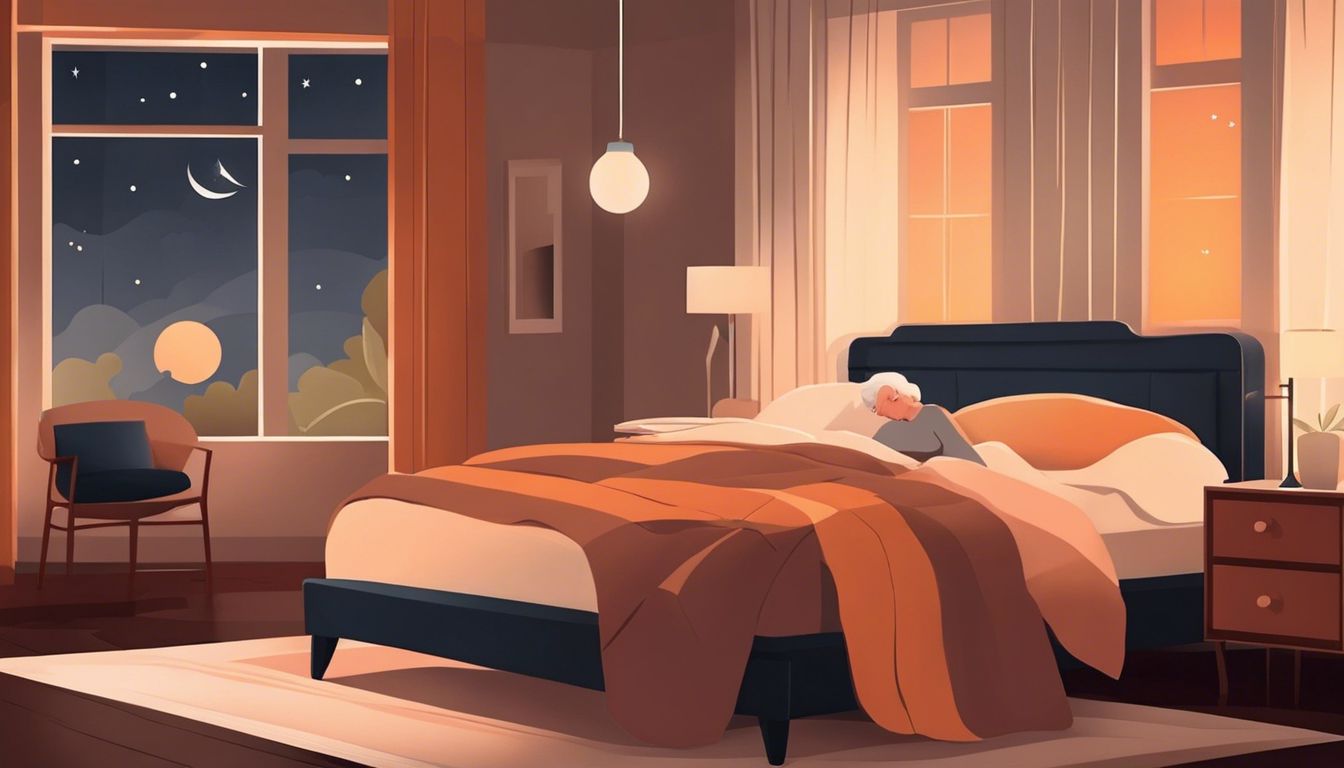 A cozy bedroom with warm lighting features a large bed with orange and white bedding. A person sleeps comfortably in the bed. A window shows a night sky with stars, a crescent moon, and a glowing horizon. A chair sits next to the window. | Bed For Seniors