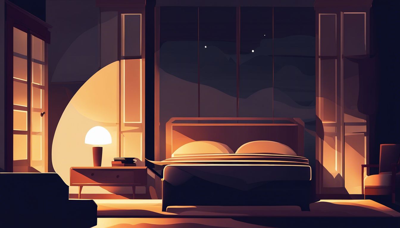 Illustration of a dimly lit bedroom with a large bed centered against a wall of tall windows. A bedside table with a lit lamp and books is to the left of the bed, casting a warm glow. Shadows and soft moonlight create a serene atmosphere. | Bed For Seniors