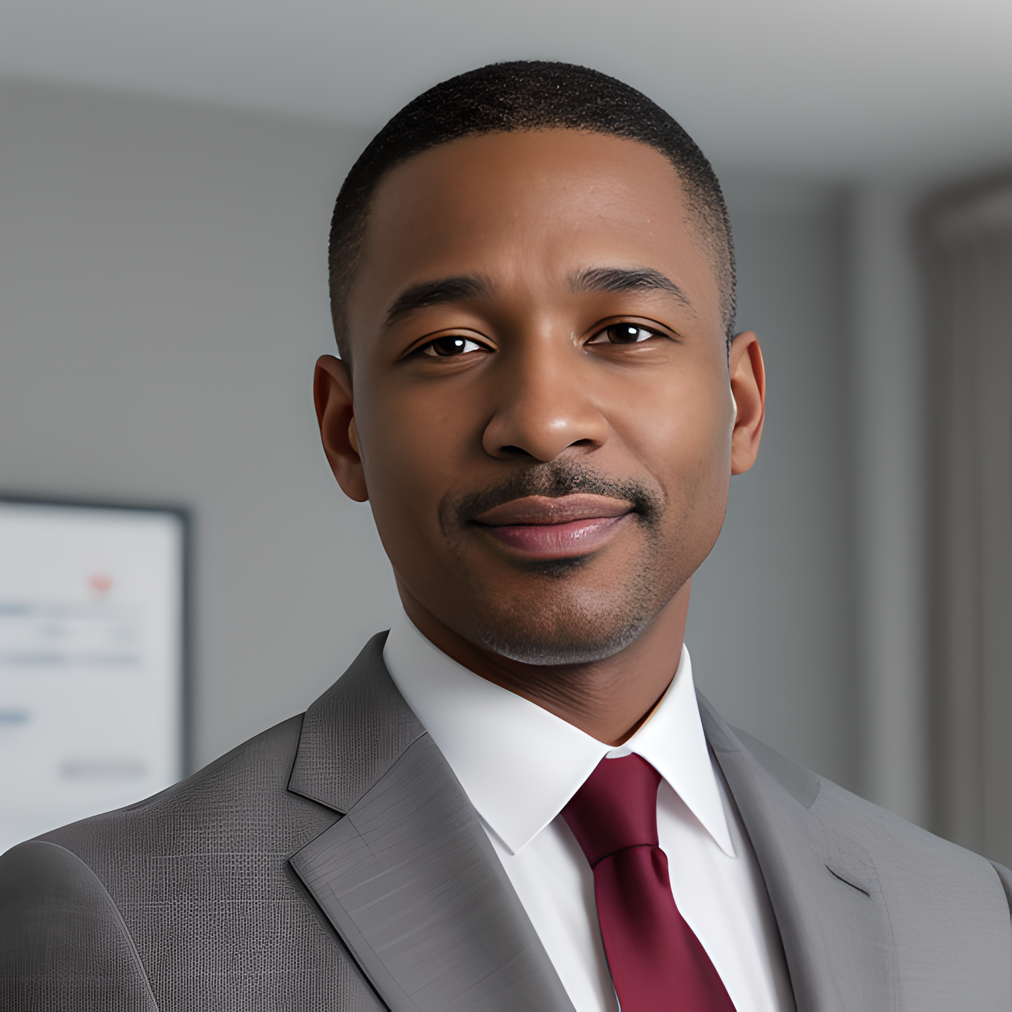 A man with short hair is wearing a gray suit, white shirt, and red tie. He is smiling slightly and standing in front of a blurred indoor background with a framed picture on the wall, giving the scene a warm, home-like feel. | Bed For Seniors