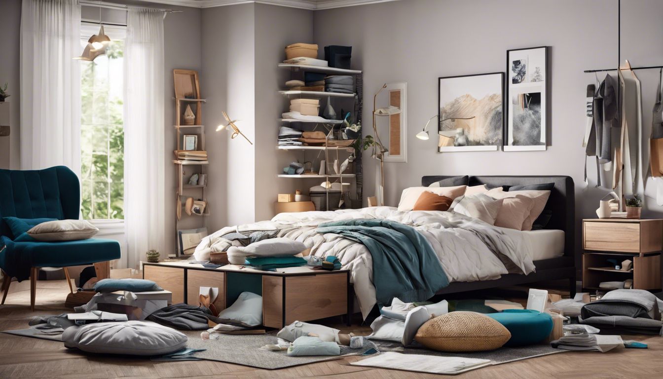 A cluttered bedroom with various bed accessories in disarray.