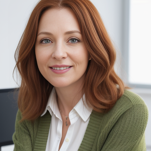 A woman with shoulder-length red hair is smiling at the camera. She is wearing a white collared shirt under a green cardigan. The background, which resembles a cozy home office with light gray walls and a window, creates a professional and inviting atmosphere. | Bed For Seniors