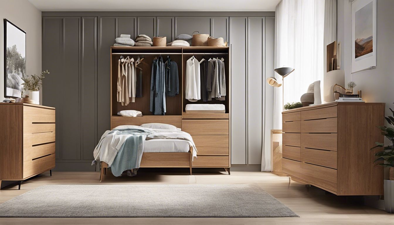 An empty bedroom with dresser displaying adaptive clothing for seniors.