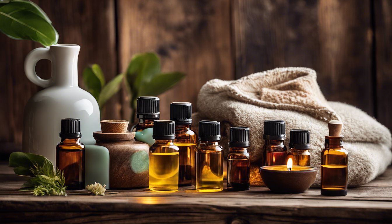 A cozy living room with essential oil bottles and diffusers for relaxation.