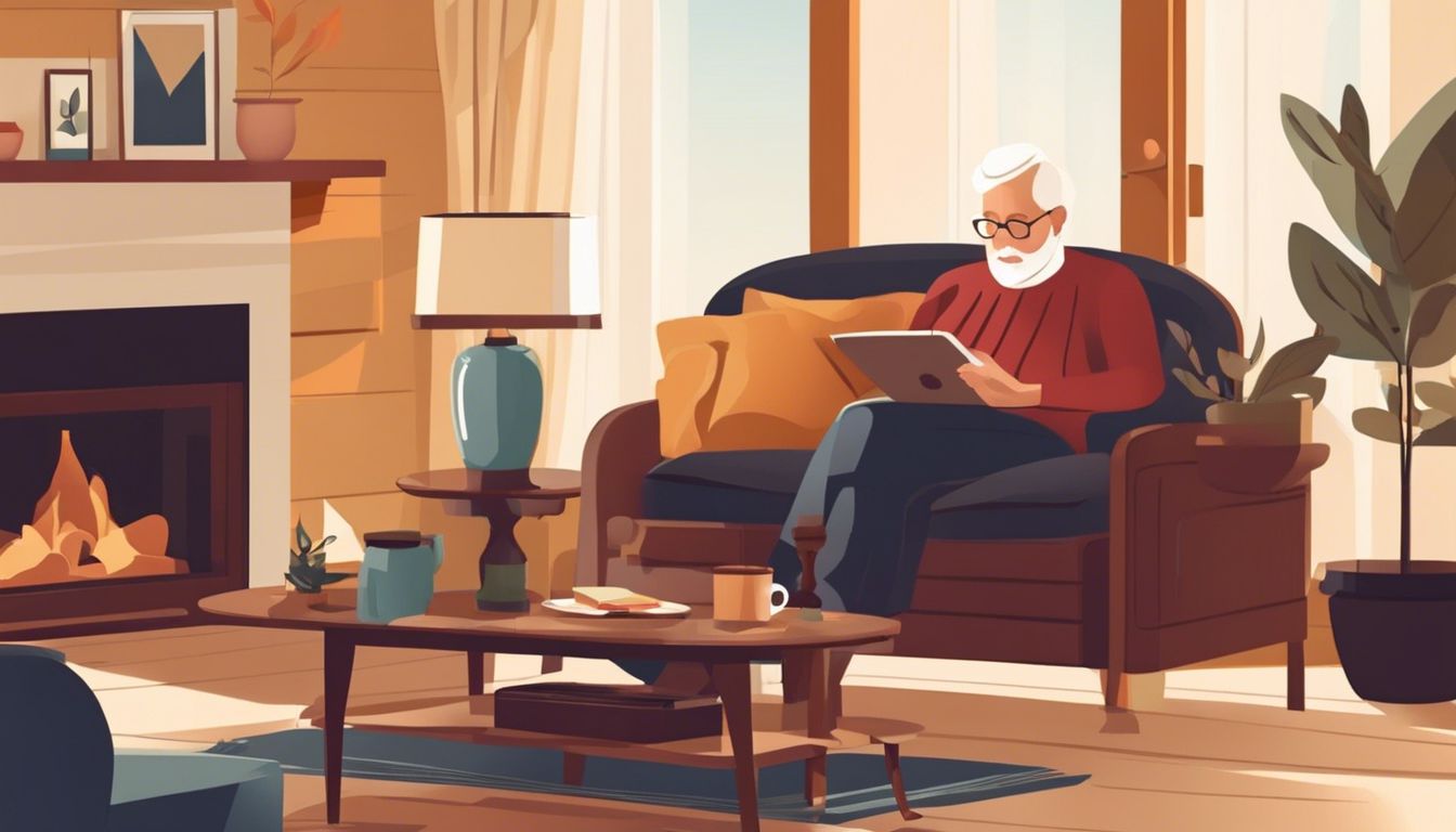 Elderly person in a well-equipped living room, exuding peace and contentment.