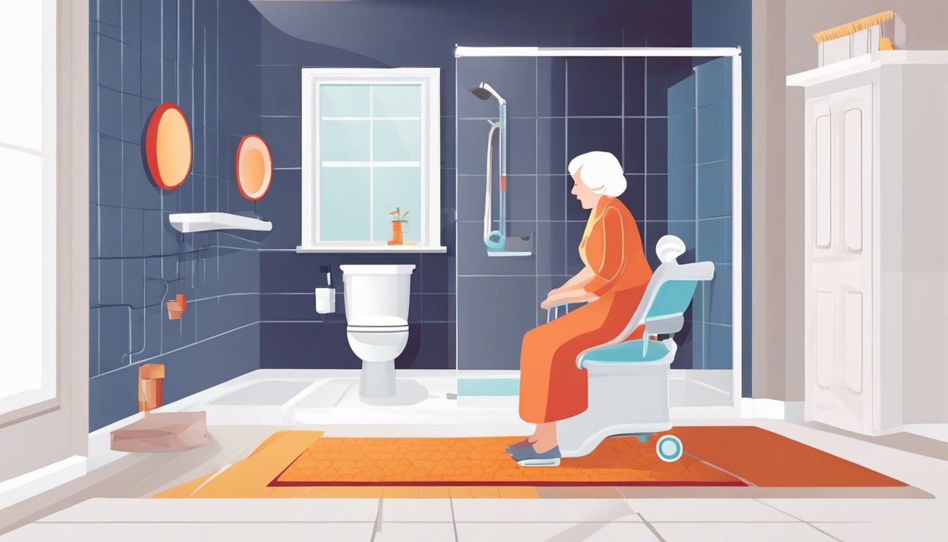 An elderly woman safely navigating a bathroom with grab bars and safety features.