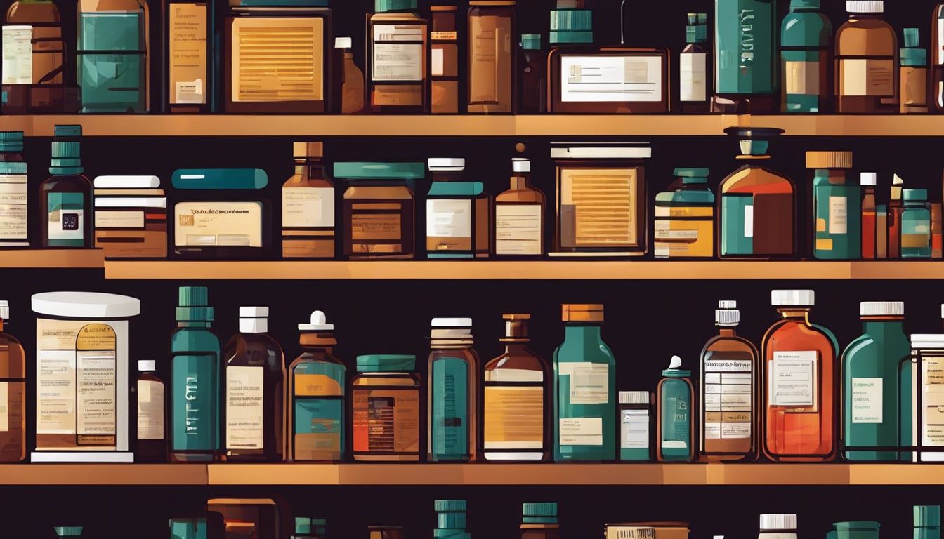 A cluttered medicine cabinet with magnifying glass highlighting prescription labels.