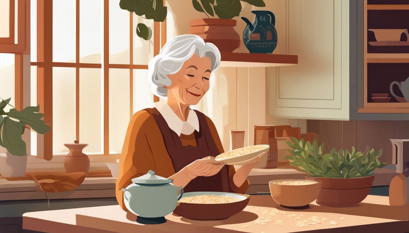 Elderly woman enjoys ginger-infused oatmeal in cozy vintage kitchen.