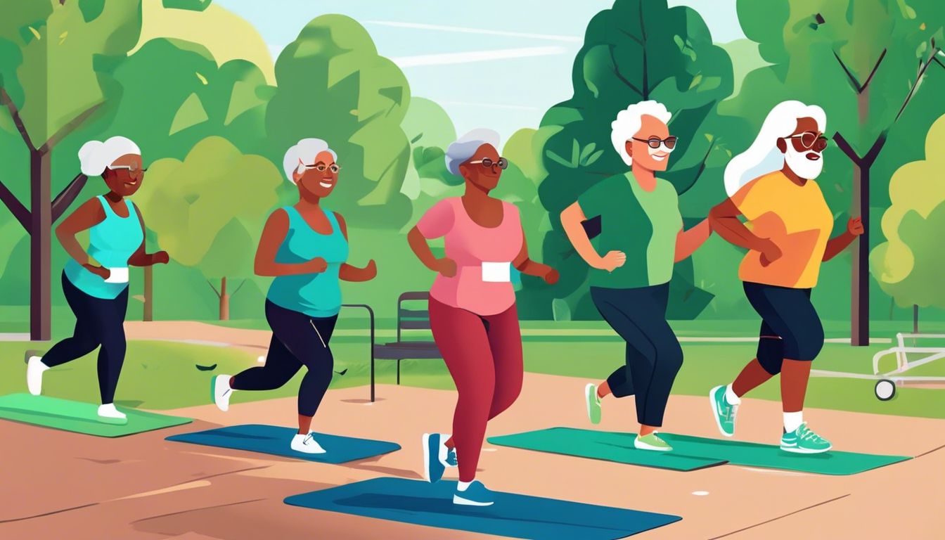 A diverse group of older adults doing morning exercises in a park.