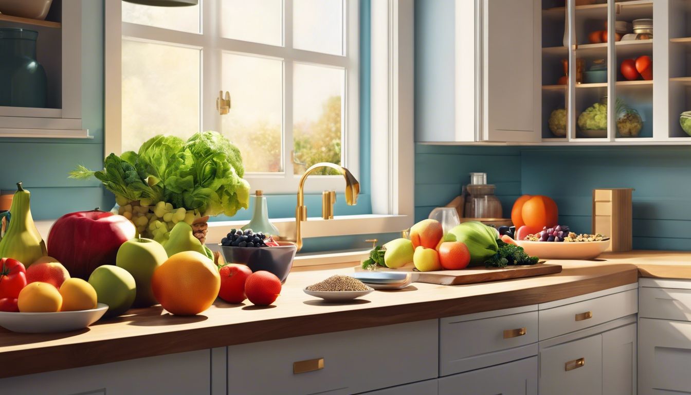 A kitchen counter with a variety of fresh, healthy foods for seniors.