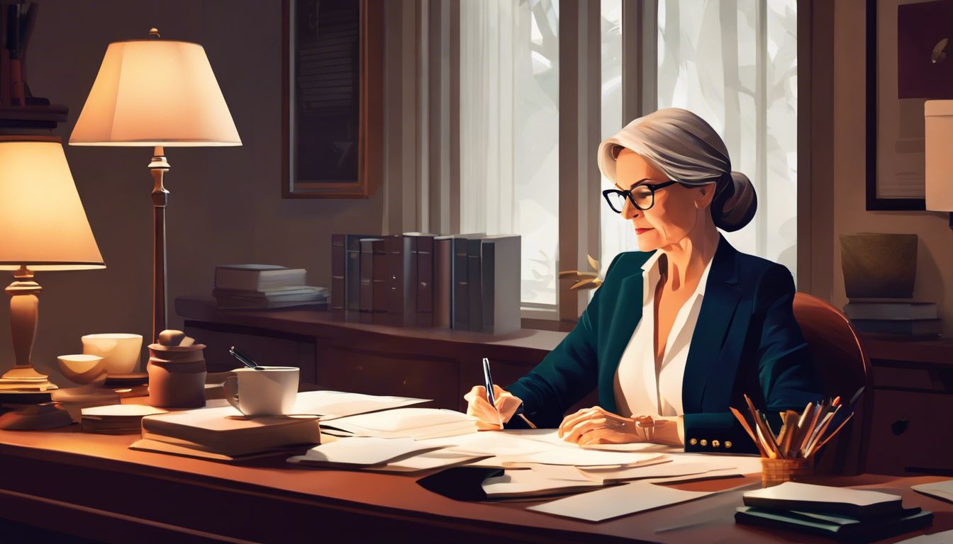 A woman reviews healthcare documents in a cluttered home office.