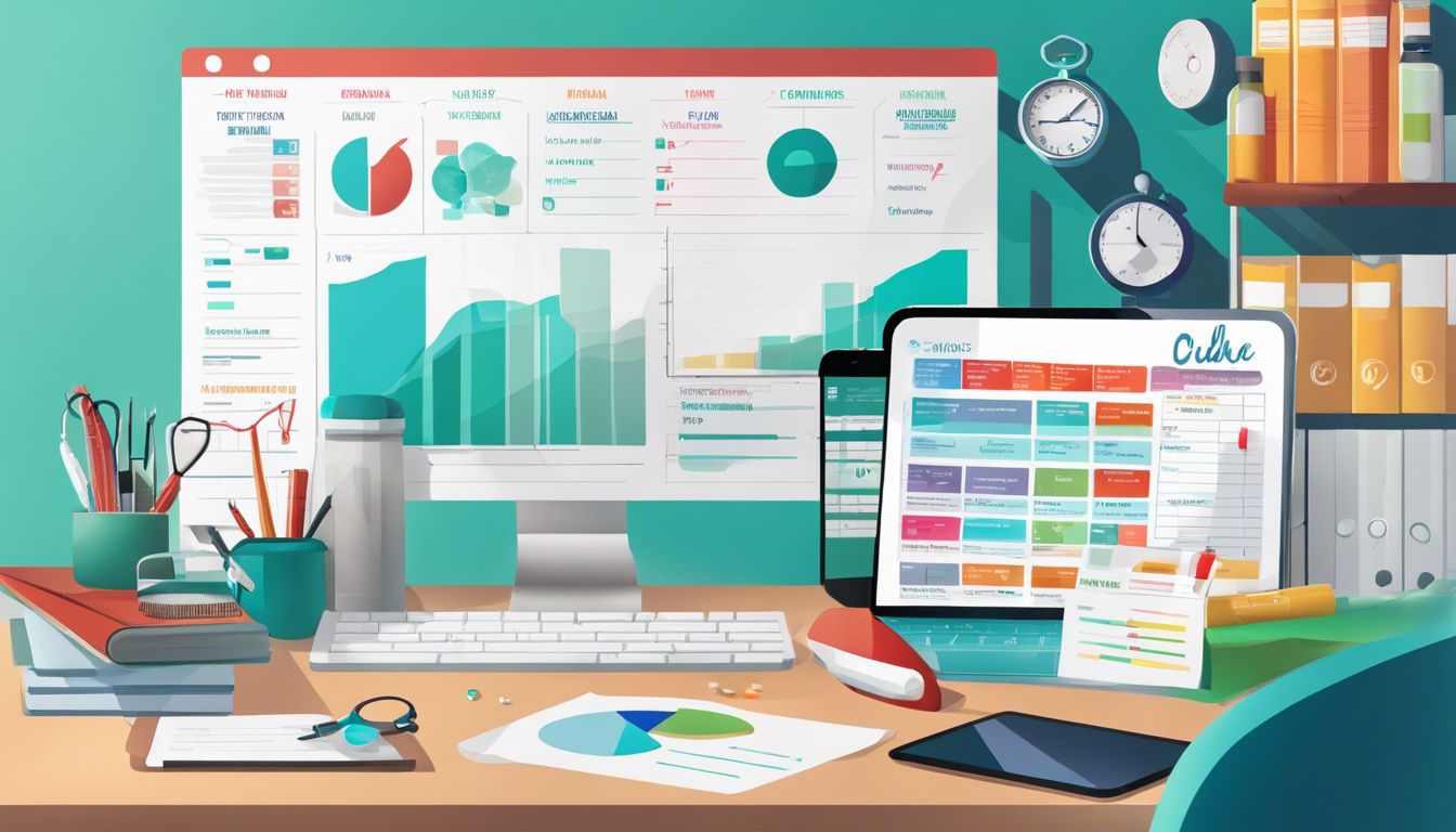 A cluttered desk with medical charts, pill bottles, and a personalized care plan app for seniors with multiple chronic conditions, surrounded by healthcare professionals.