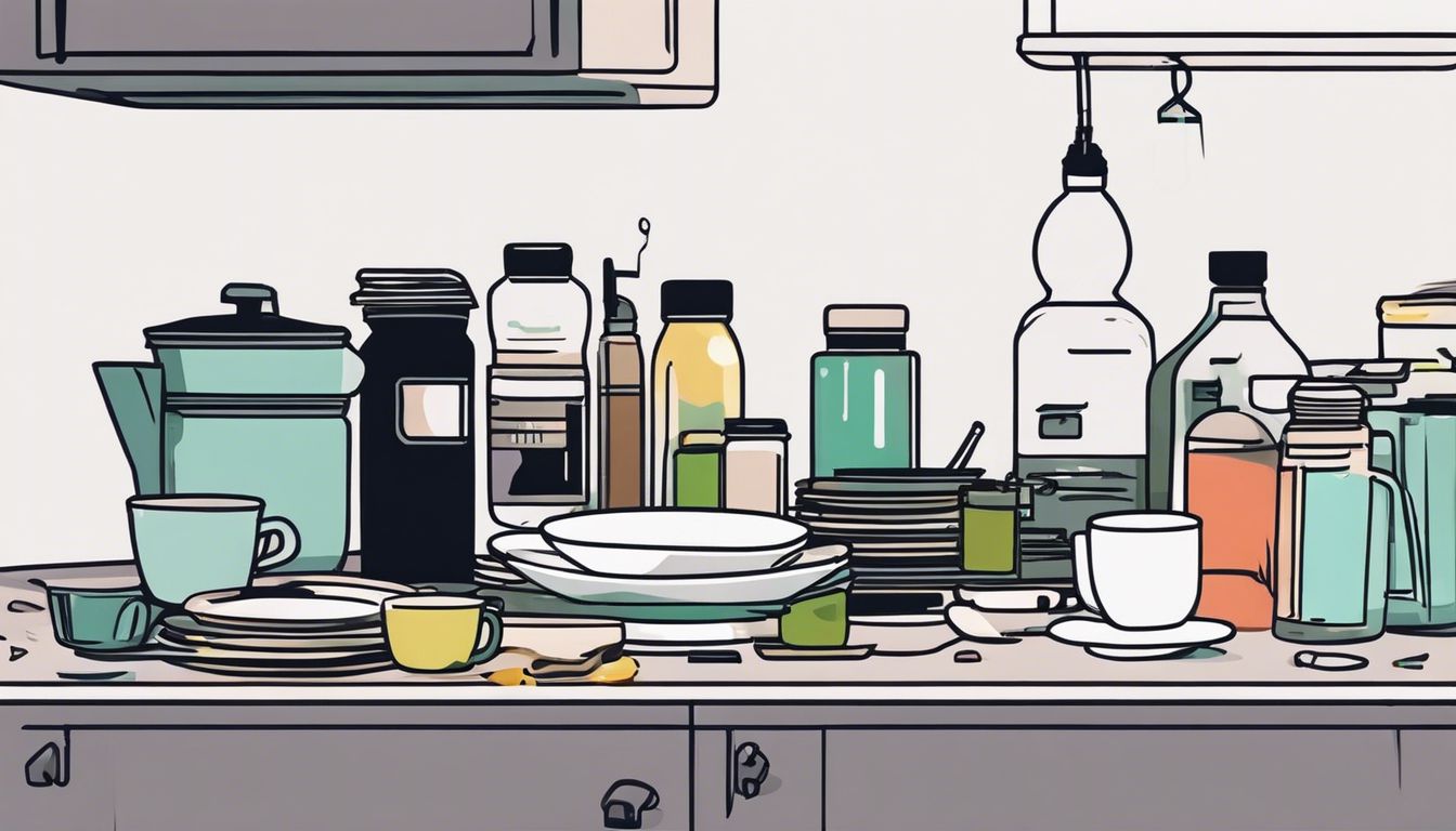 A cluttered kitchen counter symbolizing caregiver burnout with dirty dishes and medication bottles.