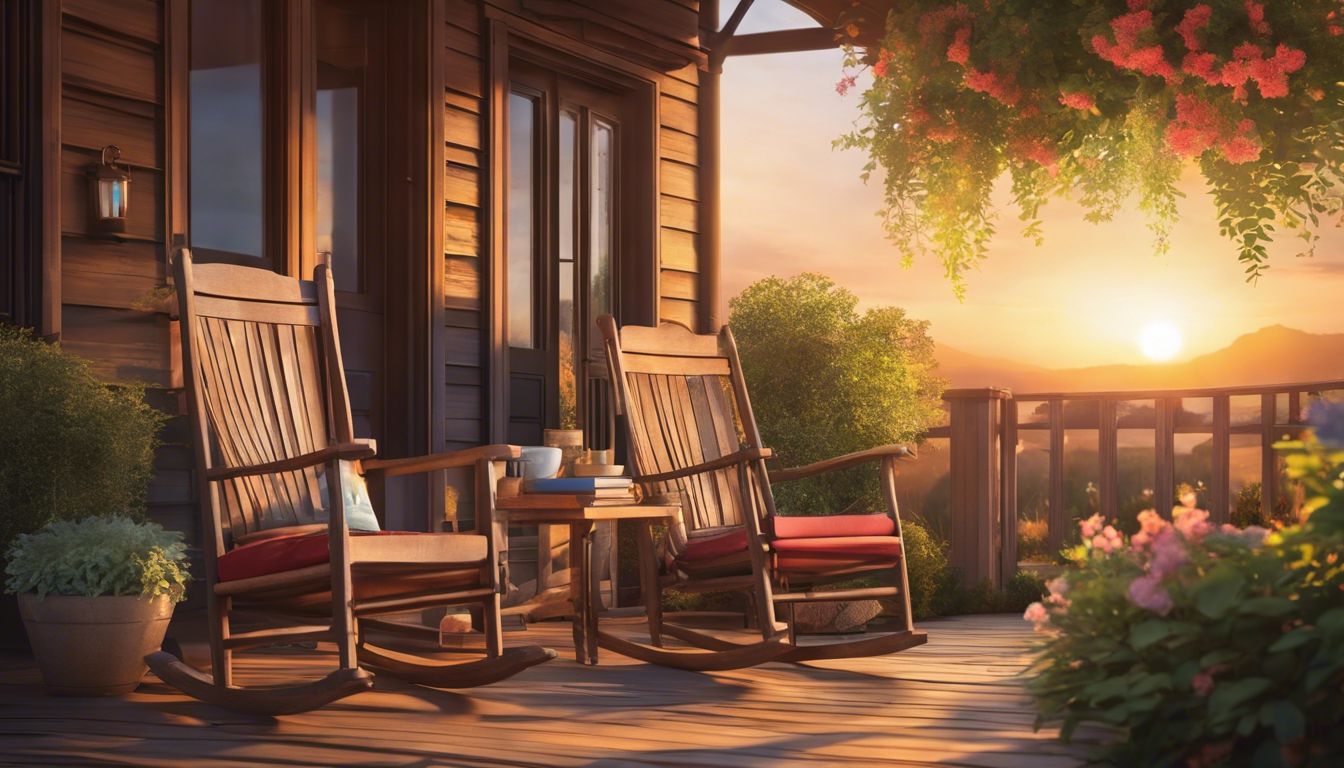 A cozy front porch with a rocking chair, potted plants, and books.