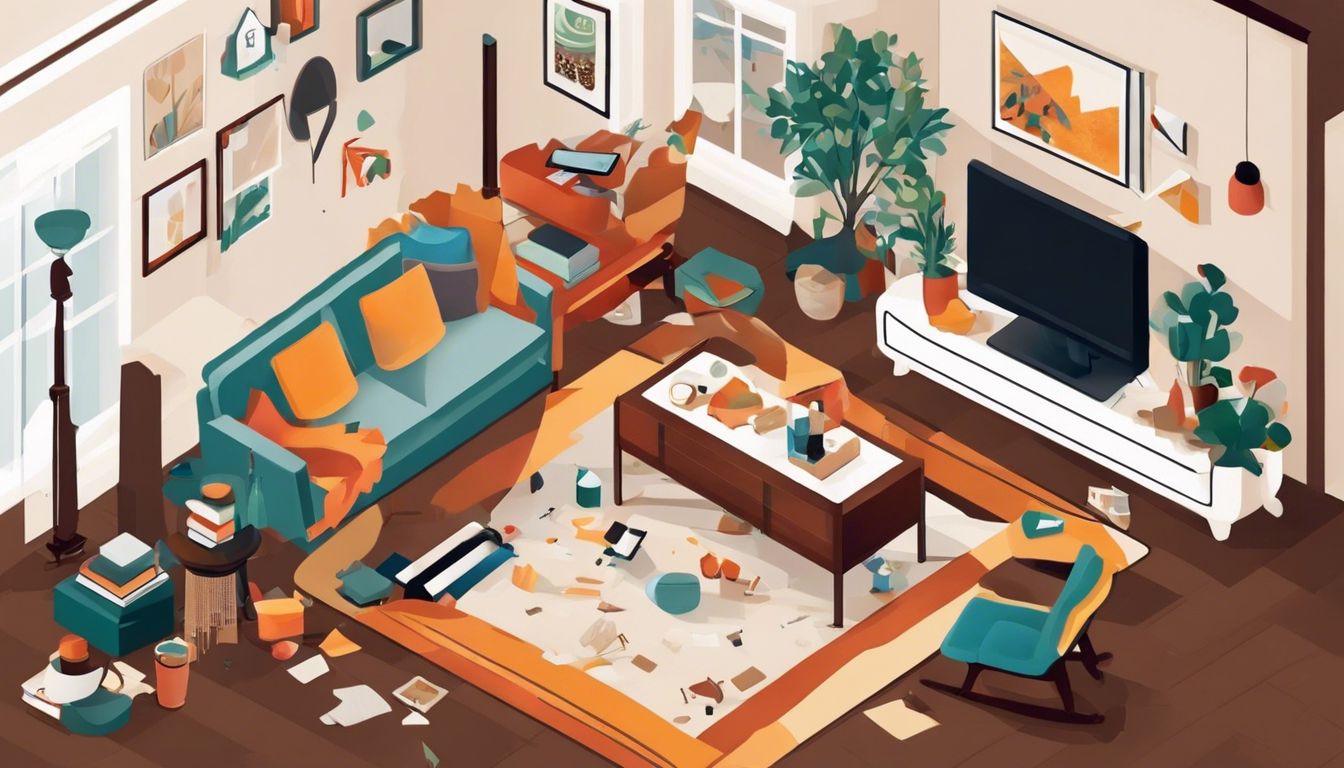 Cluttered living room with fall risks for older adults.