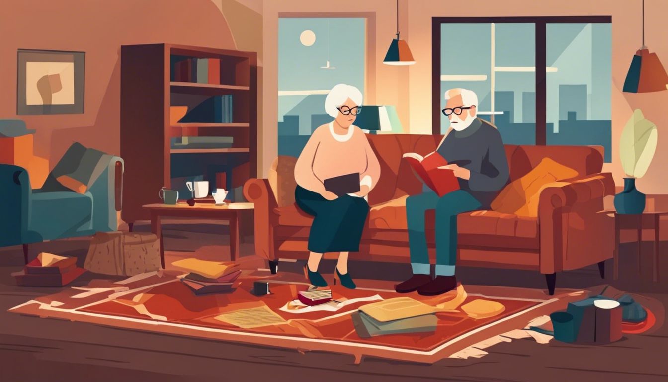 Elderly couple sitting on a cluttered sofa with fall hazards.