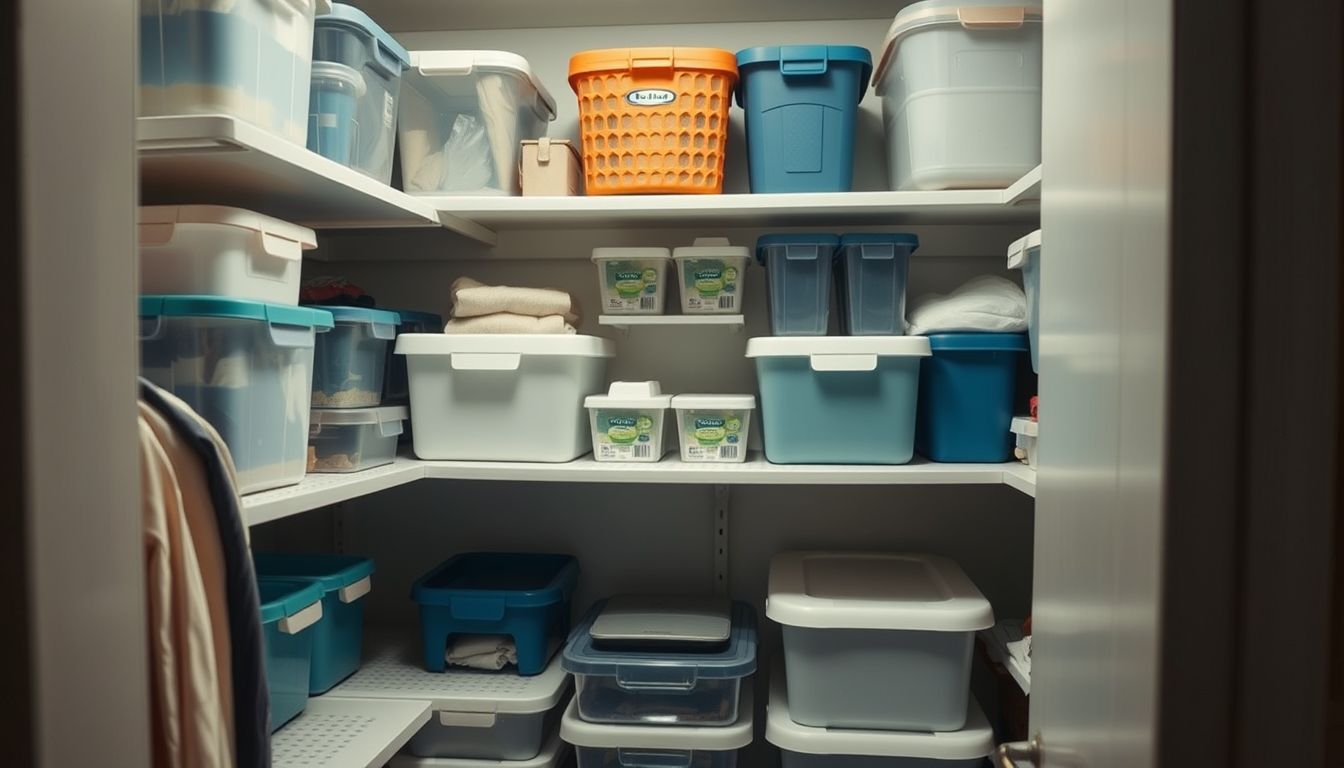 A well-organized closet with storage containers for caregivers' needs.