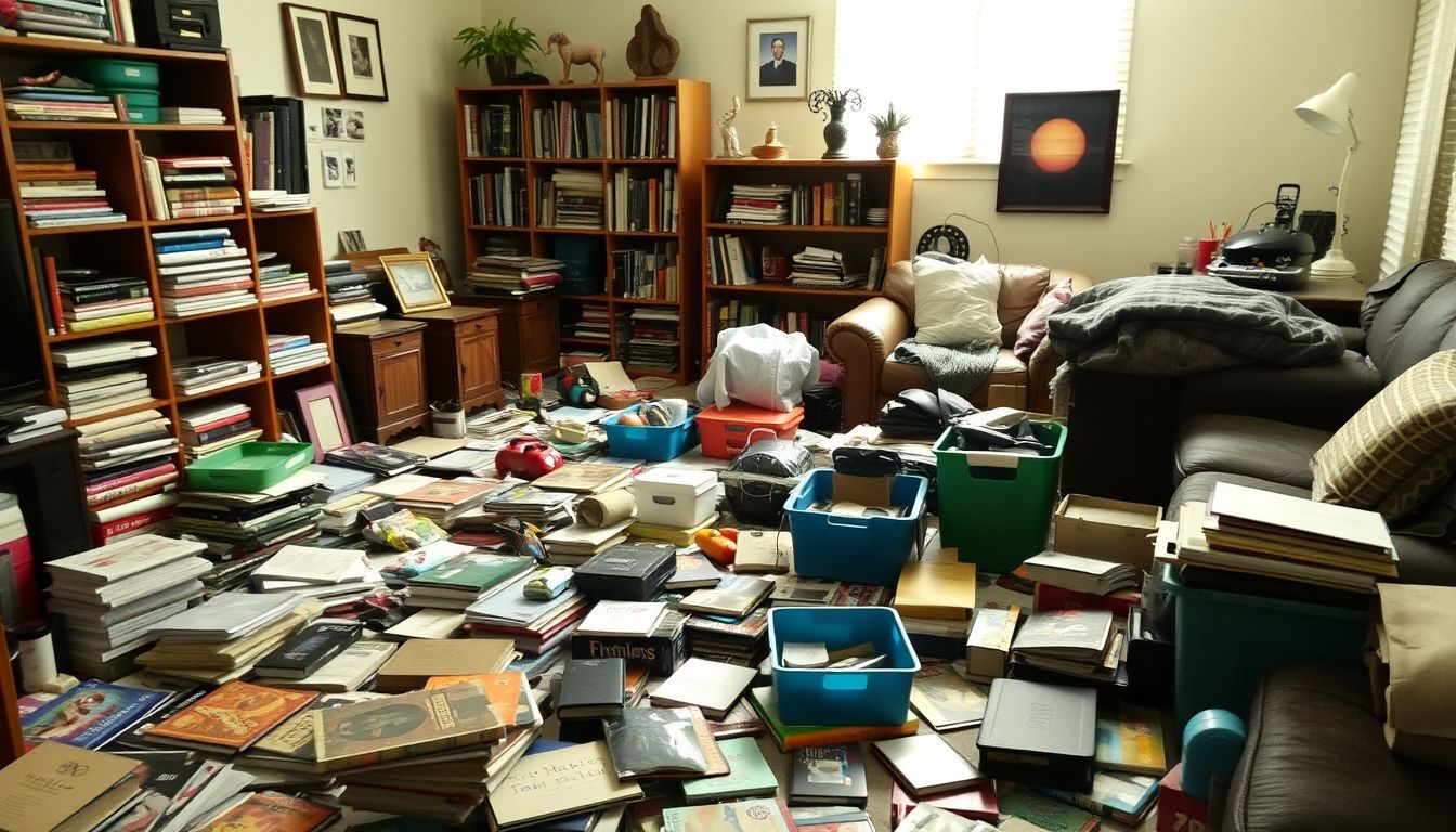 A cluttered living room with scattered books, toys, and magazines.