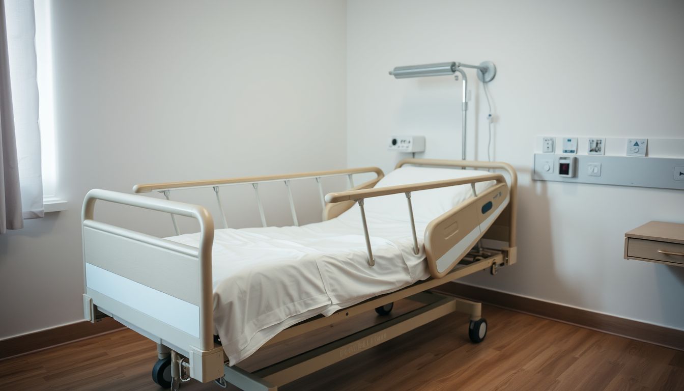 An adjustable hospital bed with safety features in a patient room.