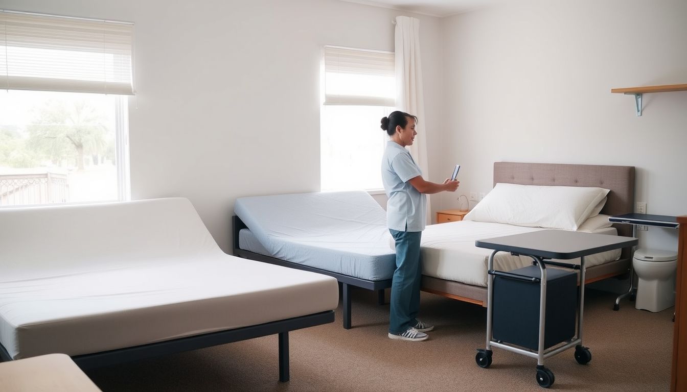 Caregiver setting up bedroom with adjustable bed frames and supportive mattresses.