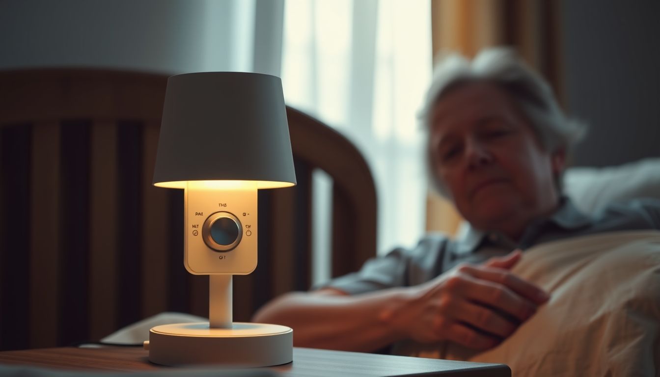 A bedside lamp with adjustable brightness settings in a cozy bedroom.