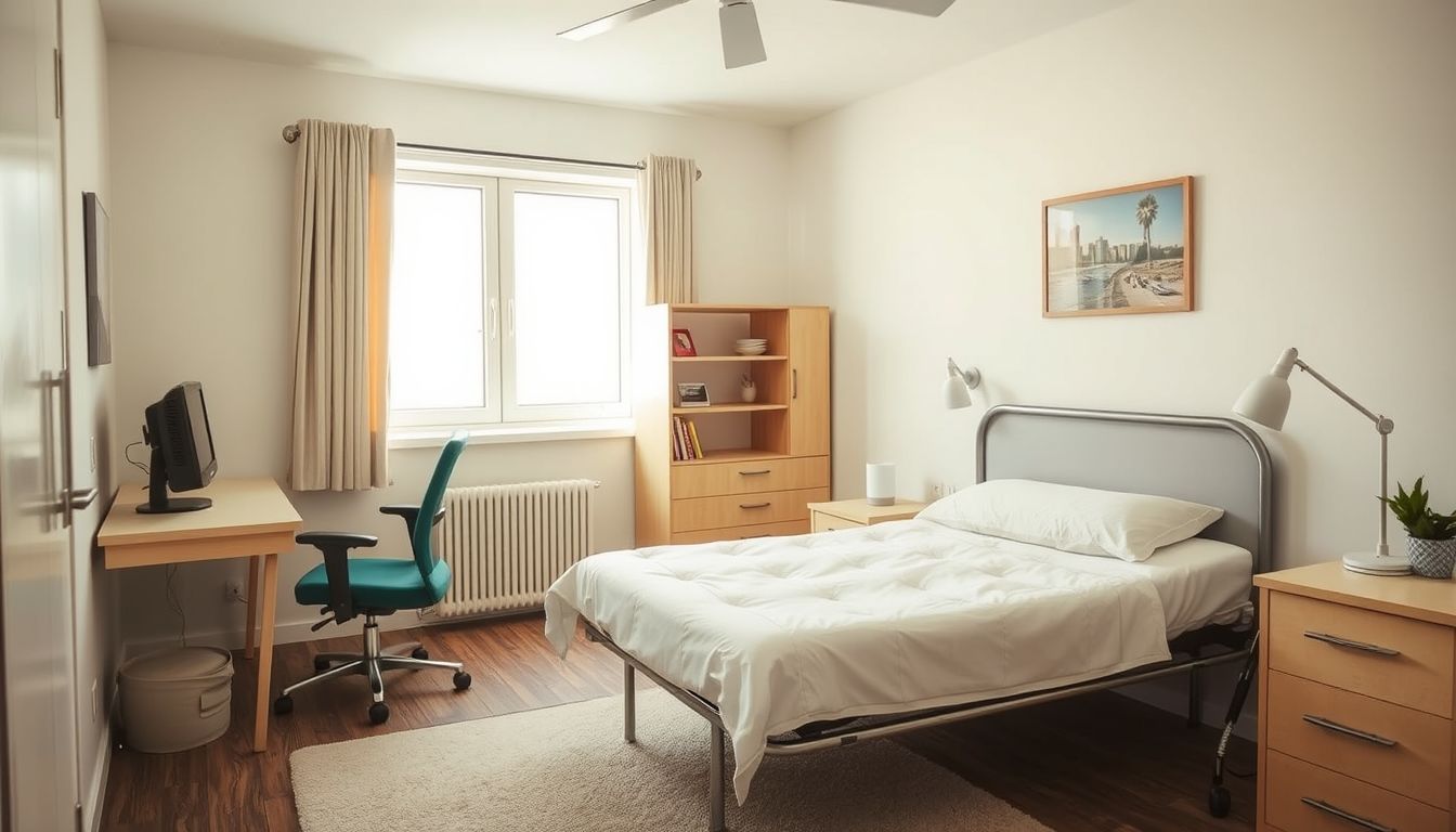 A caregiver's bedroom with adjustable bed, ergonomic chair, and workspace.