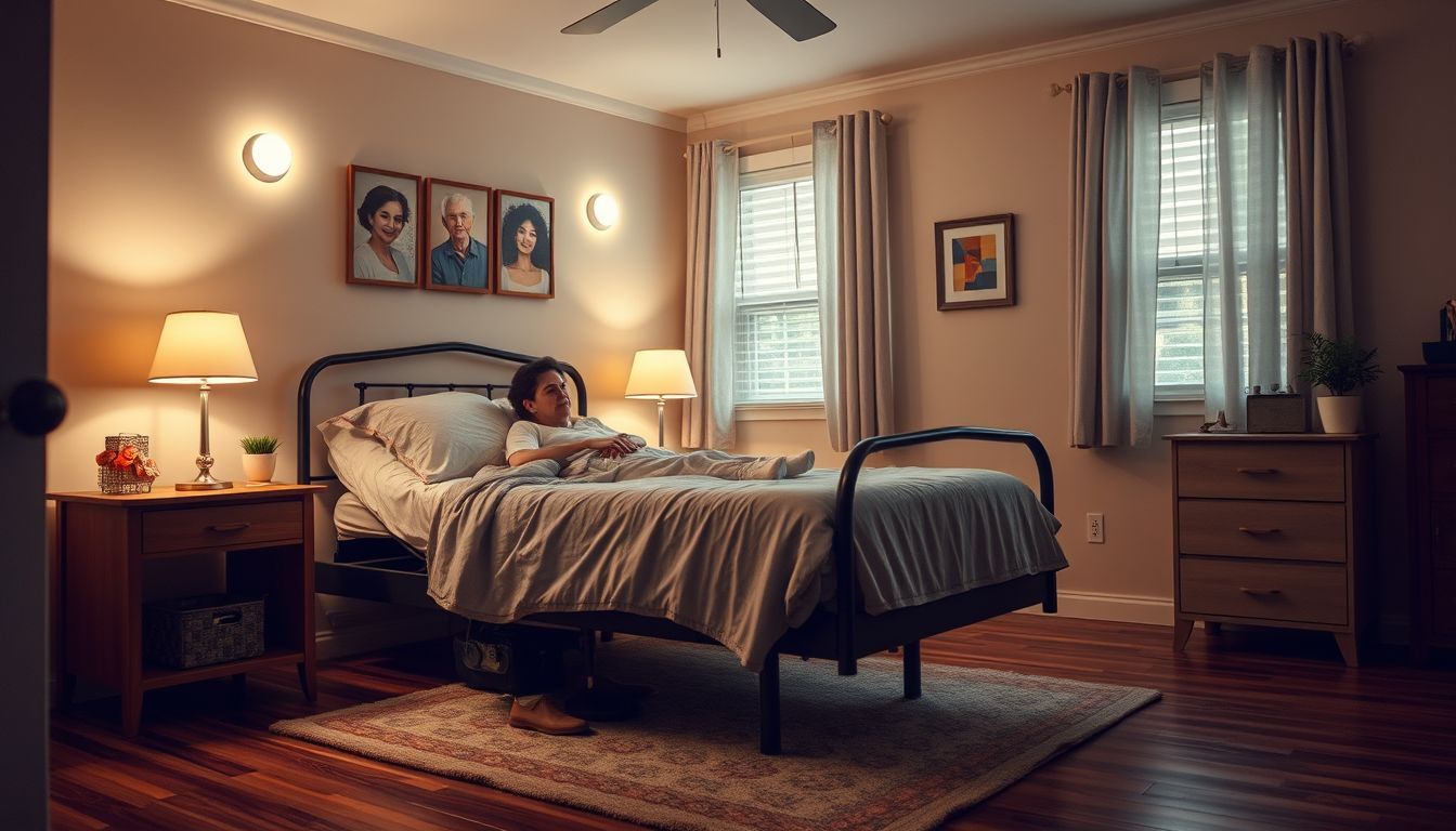 A caregiver's bedroom designed for safety and comfort, with adjustable bed and slip-resistant flooring.