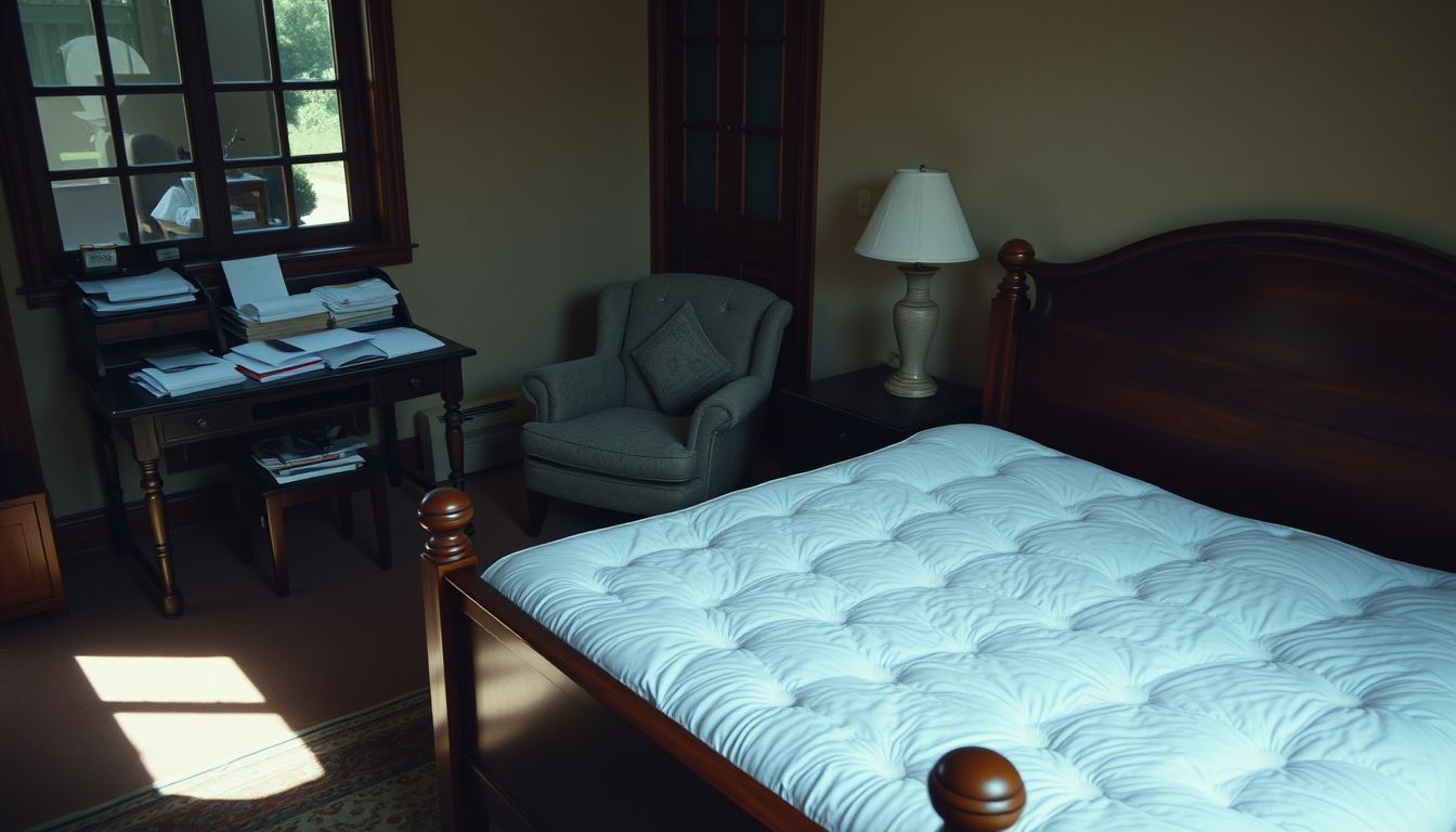 Cozy bedroom with wooden bed, writing desk, and armchair.