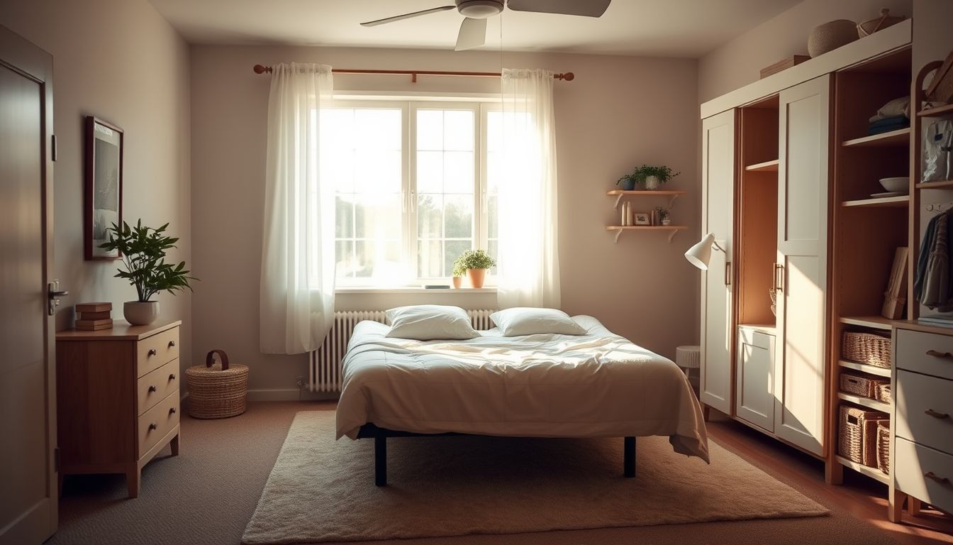 A cozy caregiver's bedroom with an adjustable bed and smart storage.